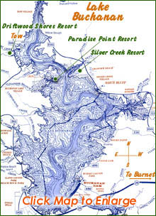 Lake Buchanan map - Lake Buchanan is known for great striper fishing